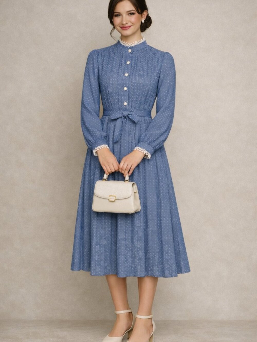 Vintage New Discoveries Blue Polka Dot Long Sleeve Dress embroidered trim Sz10